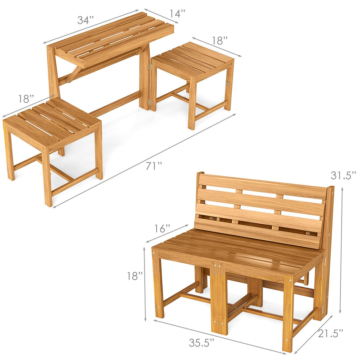 3-in-1 Outdoor Acacia Wood Loveseat Bench Furniture with Slatted Seat view 5