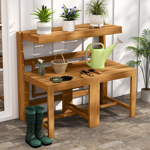 3-in-1 Outdoor Acacia Wood Loveseat Bench Furniture with Slatted Seat view 6