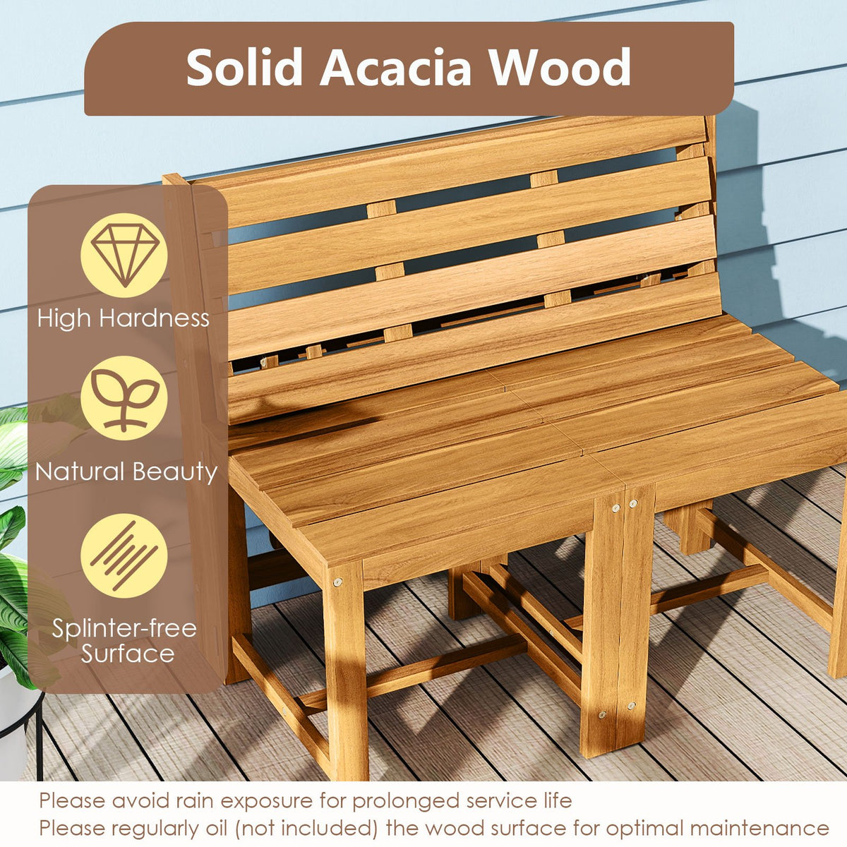 3-in-1 Outdoor Acacia Wood Loveseat Bench Furniture with Slatted Seat view 8