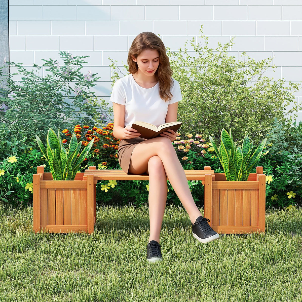 3-in-1 Outdoor Planter Box with Bench 2-Person Outdoor Bench with 2 Side Garden Beds-Orange view 2