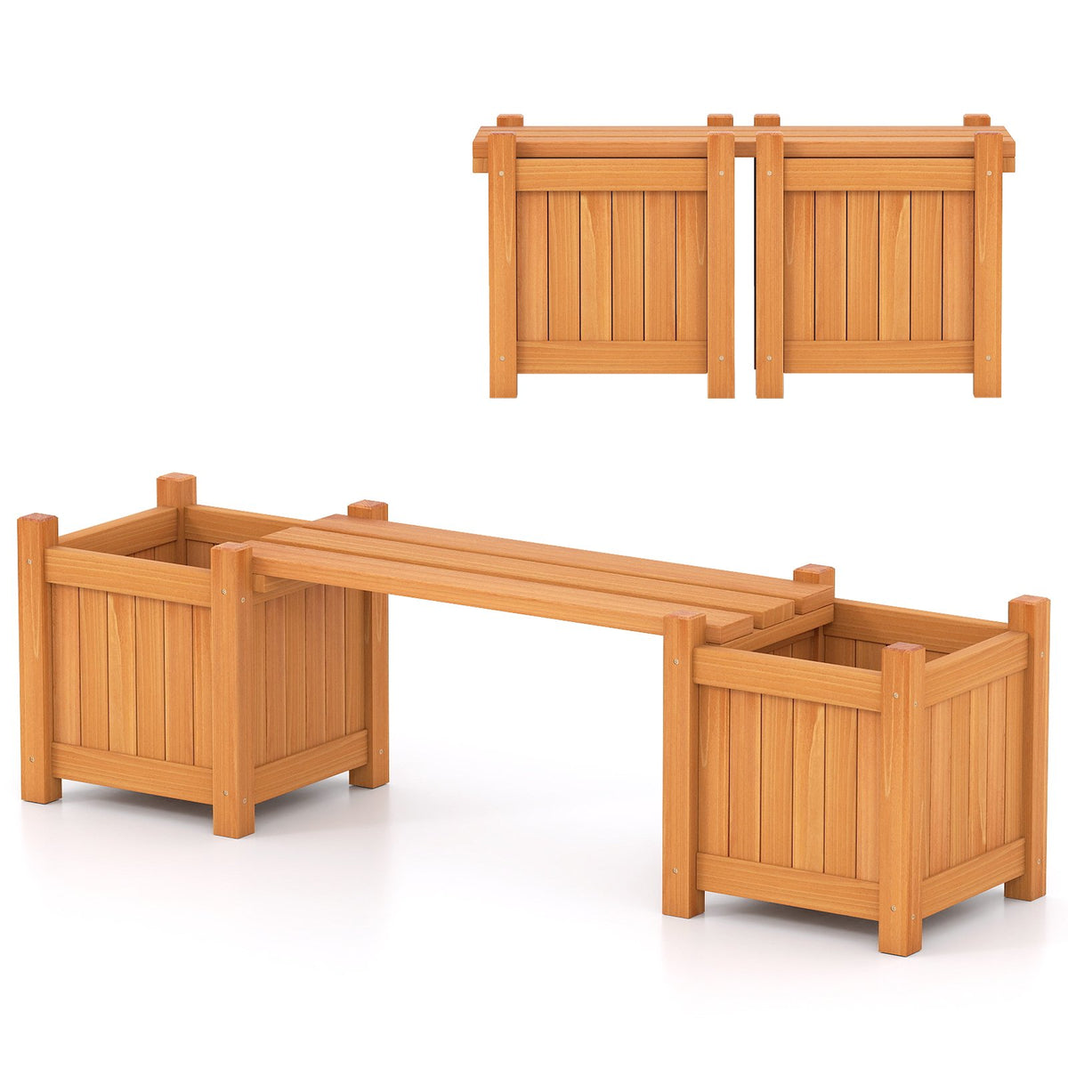 3-in-1 Outdoor Planter Box with Bench 2-Person Outdoor Bench with 2 Side Garden Beds-Orange view 4