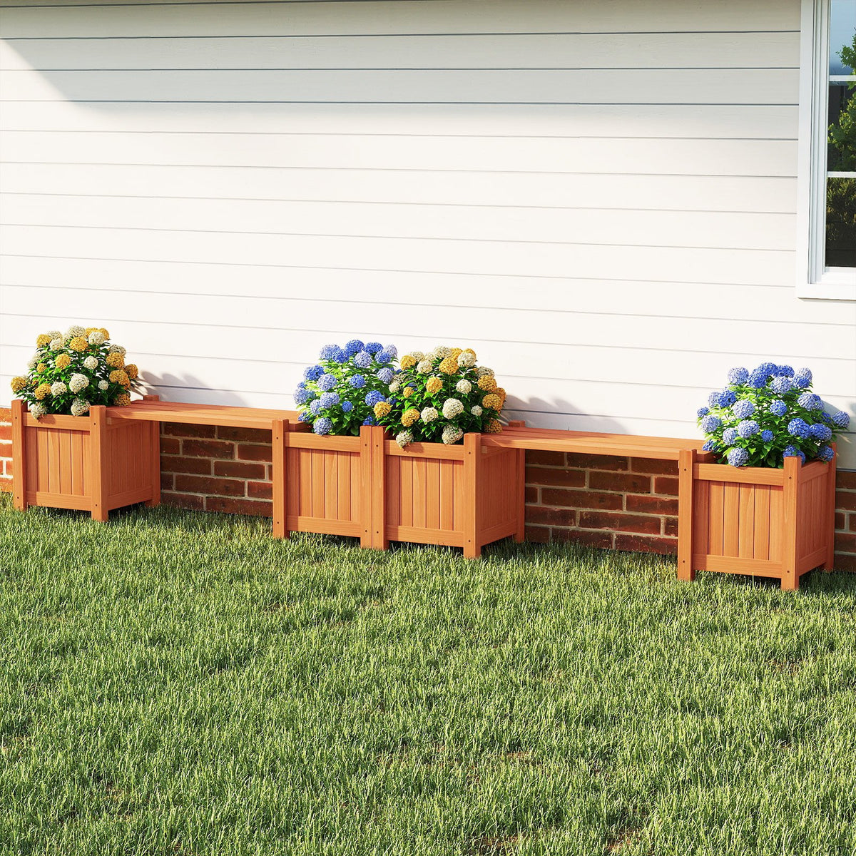 3-in-1 Outdoor Planter Box with Bench 2-Person Outdoor Bench with 2 Side Garden Beds-Orange view 6