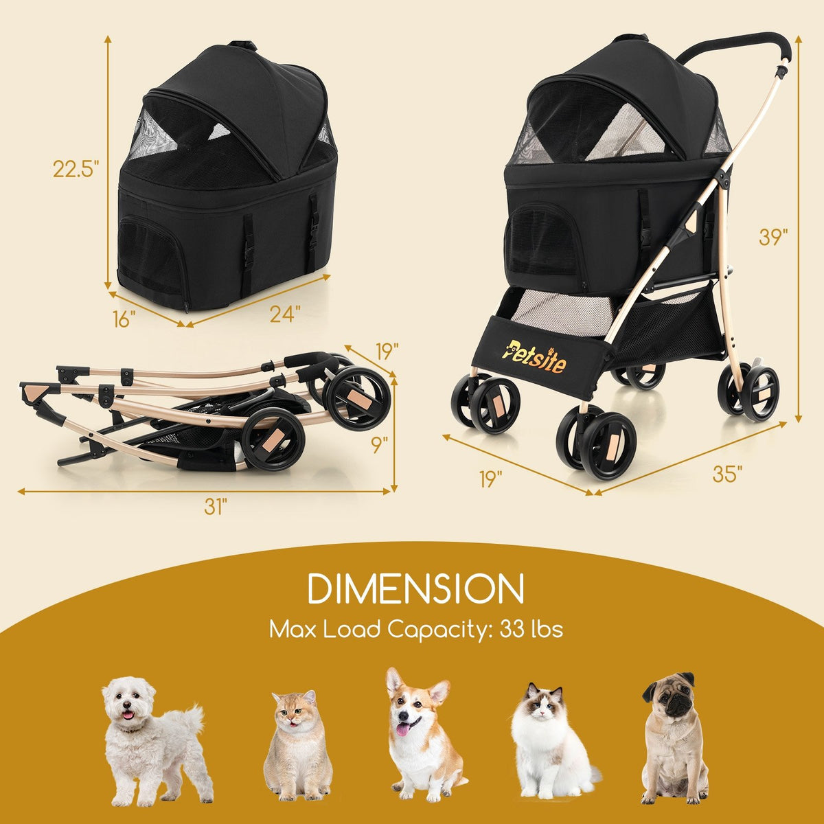 3-In-1 Pet Stroller with Removable Car Seat Carrier-Black view 4