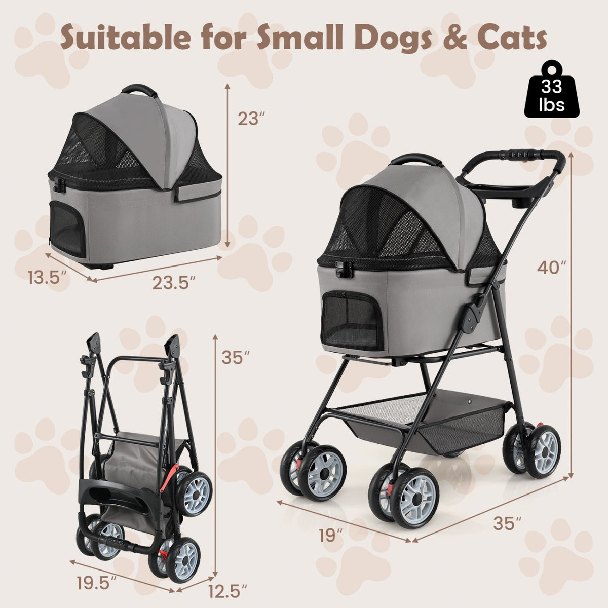 3 in 1 Pet Stroller with Removable Carrier up to 33 lbs-Gray view 4