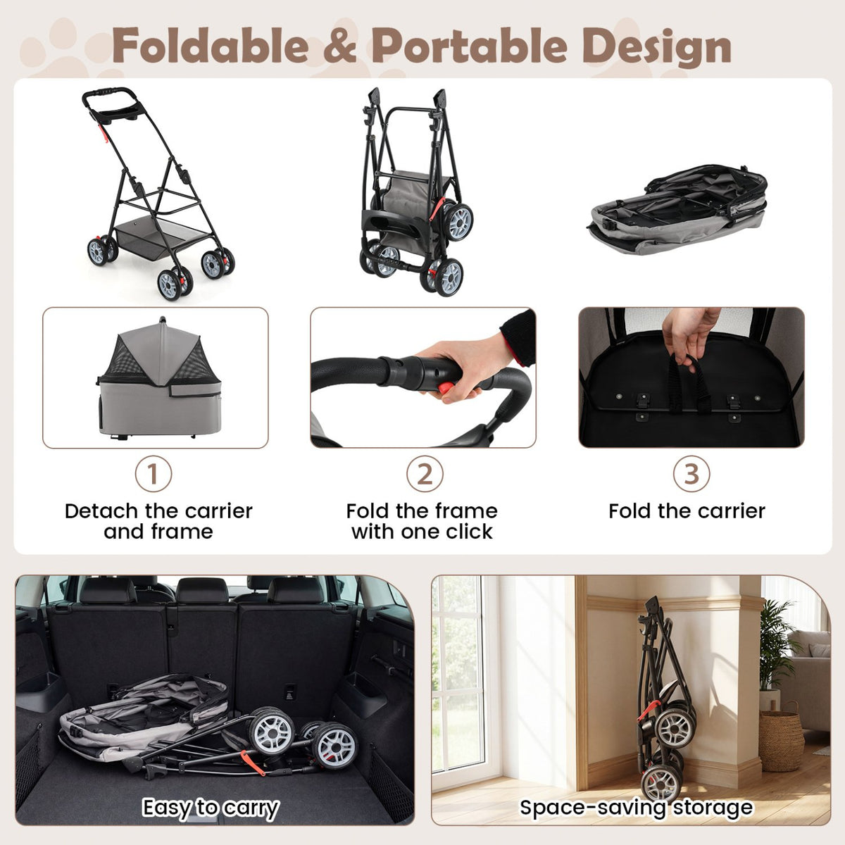 3 in 1 Pet Stroller with Removable Carrier up to 33 lbs-Gray view 7