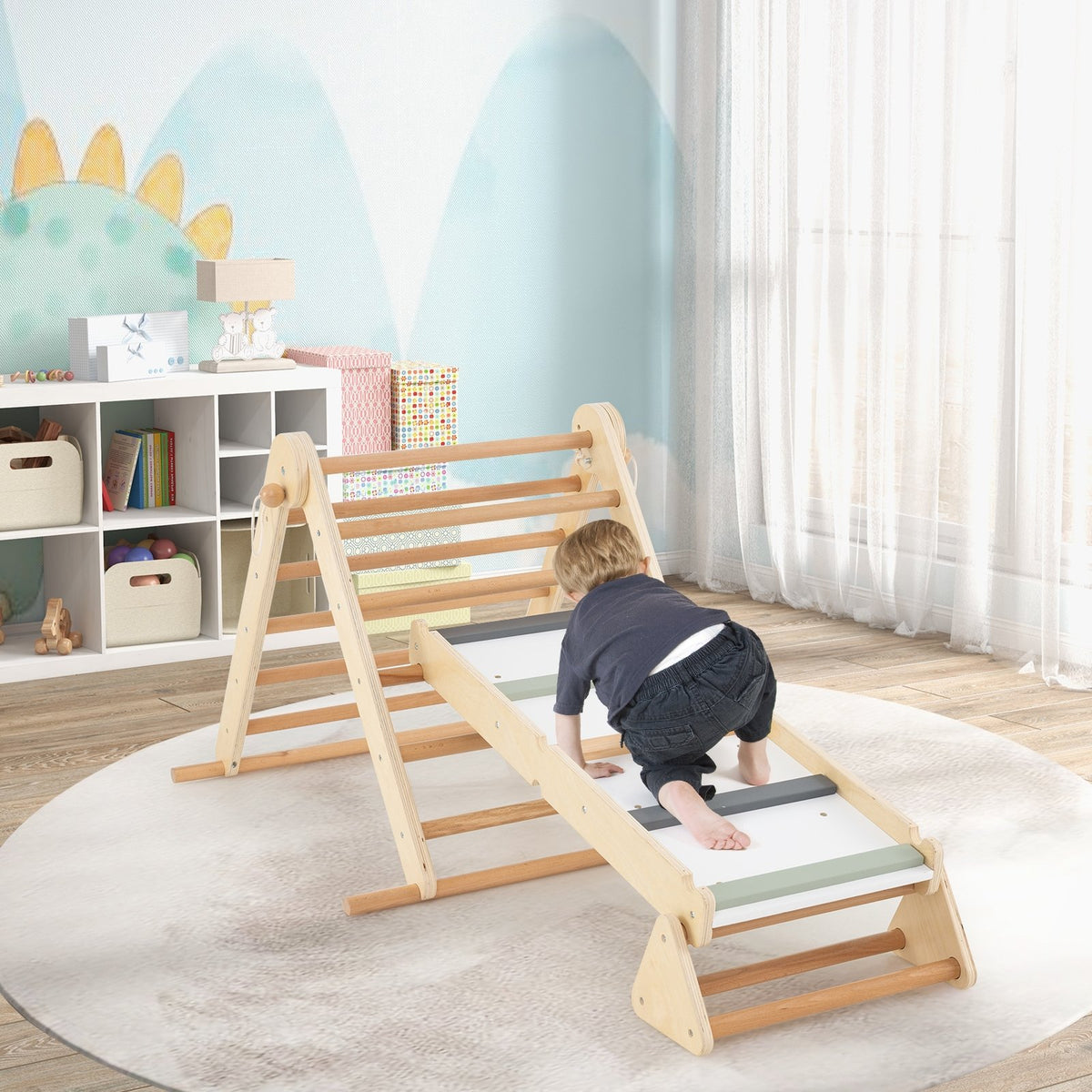 3-in-1 Pikler Triangle Climbing Set Kids Foldable Montessori Toys with Ramp-Natural view 2