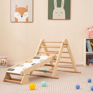 3-in-1 Pikler Triangle Climbing Set Kids Foldable Montessori Toys with Ramp-Natural view 3