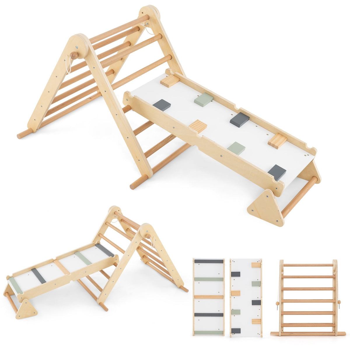 3-in-1 Pikler Triangle Climbing Set Kids Foldable Montessori Toys with Ramp-Natural view 4