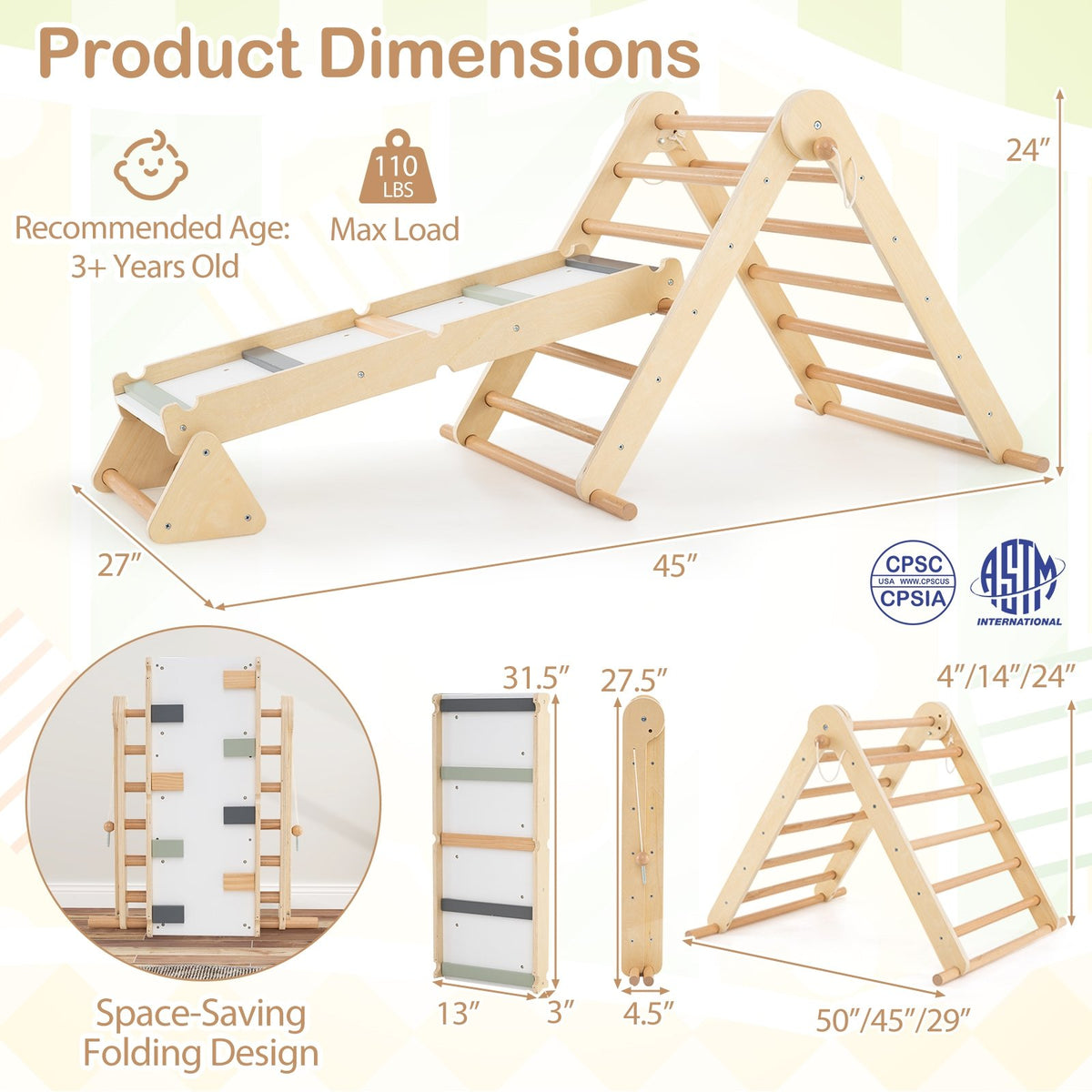 3-in-1 Pikler Triangle Climbing Set Kids Foldable Montessori Toys with Ramp-Natural view 5