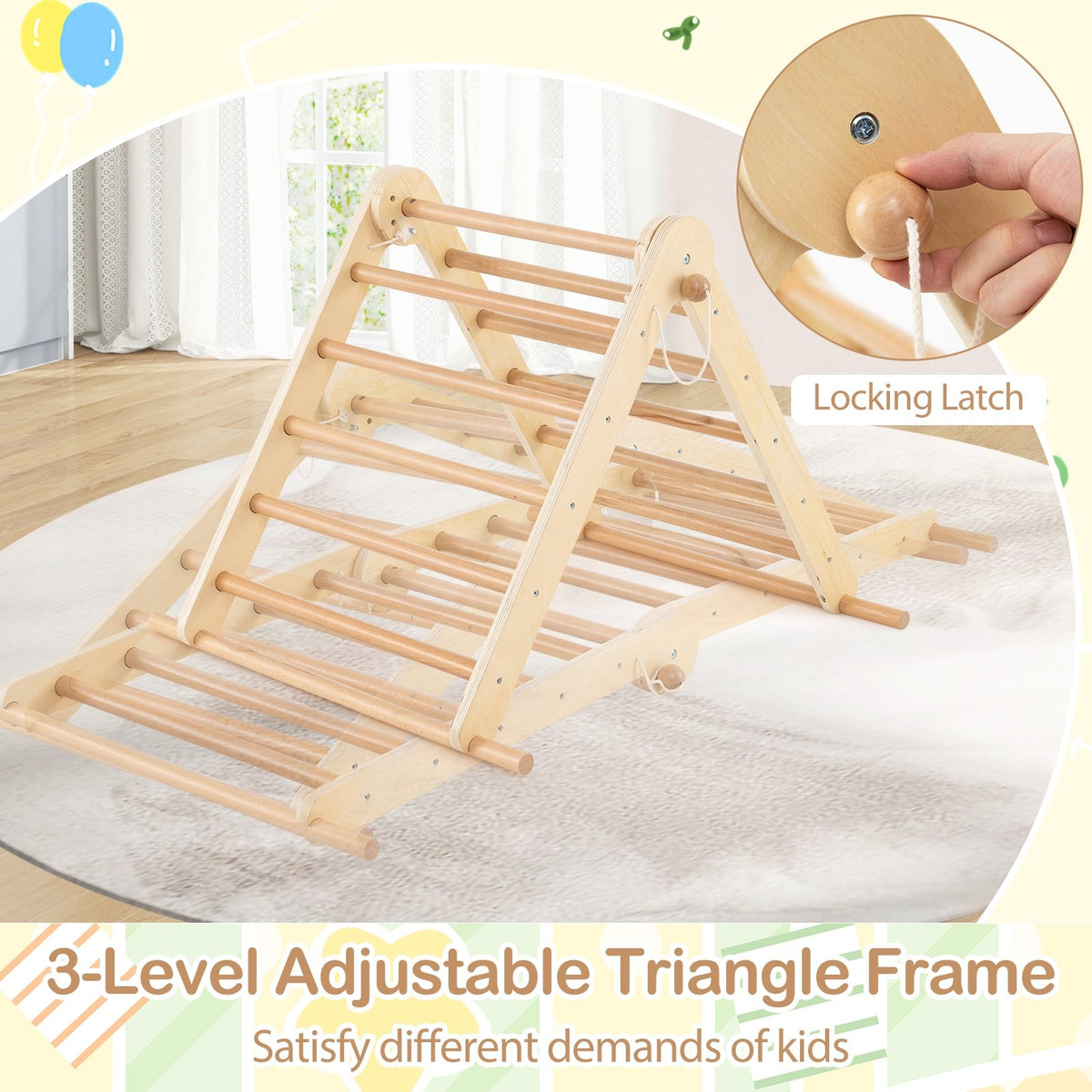3-in-1 Pikler Triangle Climbing Set Kids Foldable Montessori Toys with Ramp-Natural view 8