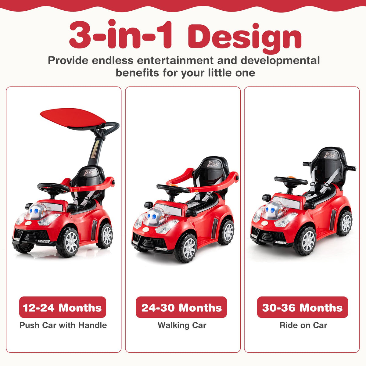 3 in 1 Push Car for Toddler Stroller Sliding Walking Car for Boys and Girls-Red view 7