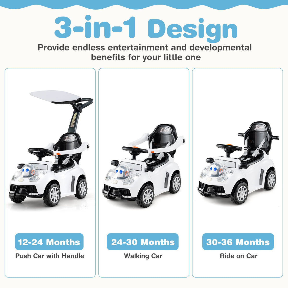 3 in 1 Push Car for Toddler Stroller Sliding Walking Car for Boys and Girls-White view 7