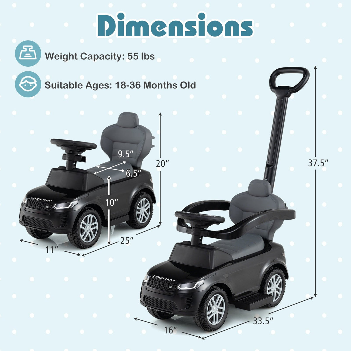 3 in 1 Push Car with Removable Handle and Guardrail for Kids 18-36 Months Old-Black view 5