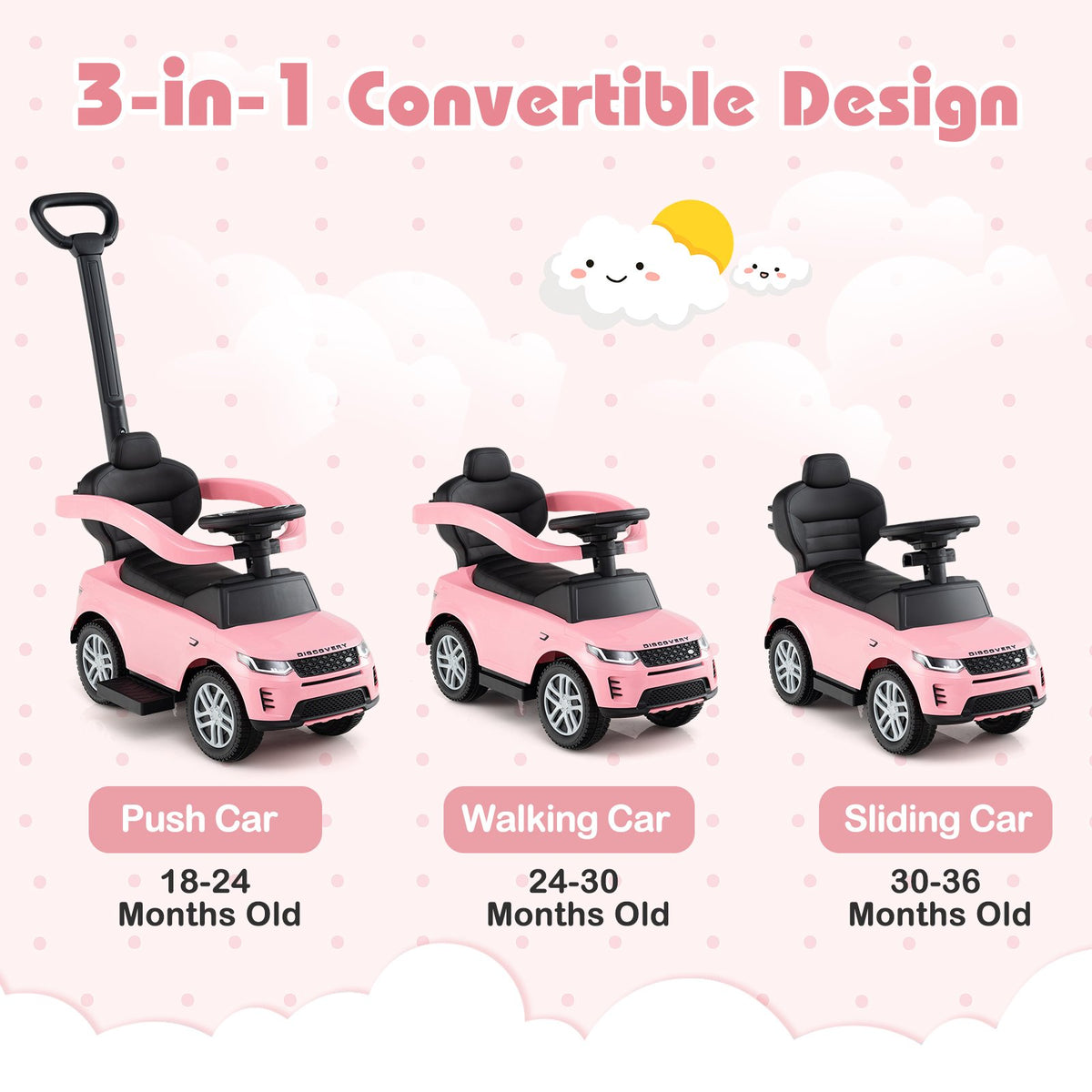 3 in 1 Push Car with Removable Handle and Guardrail for Kids 18-36 Months Old-Pink view 7