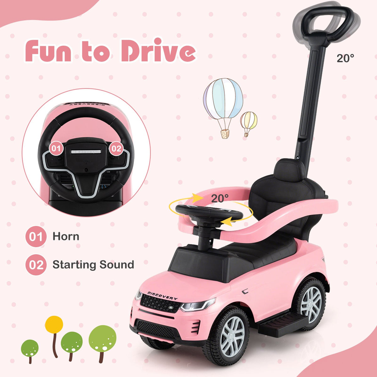 3 in 1 Push Car with Removable Handle and Guardrail for Kids 18-36 Months Old-Pink view 8