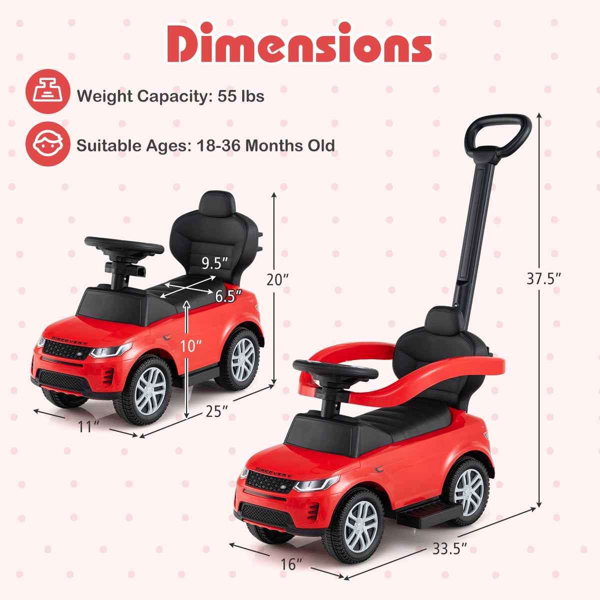 3 in 1 Push Car with Removable Handle and Guardrail for Kids 18-36 Months Old-Red view 5
