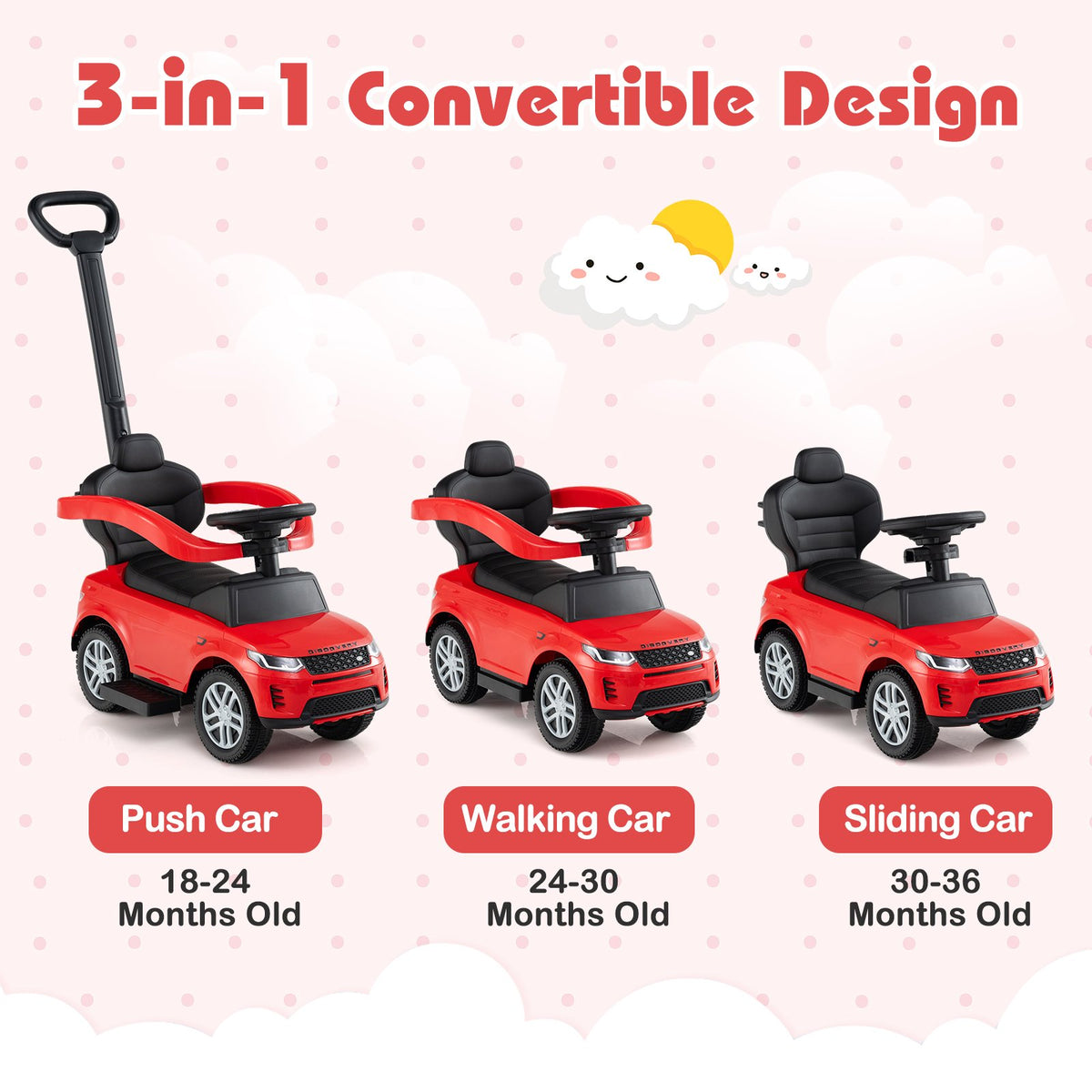 3 in 1 Push Car with Removable Handle and Guardrail for Kids 18-36 Months Old-Red view 7