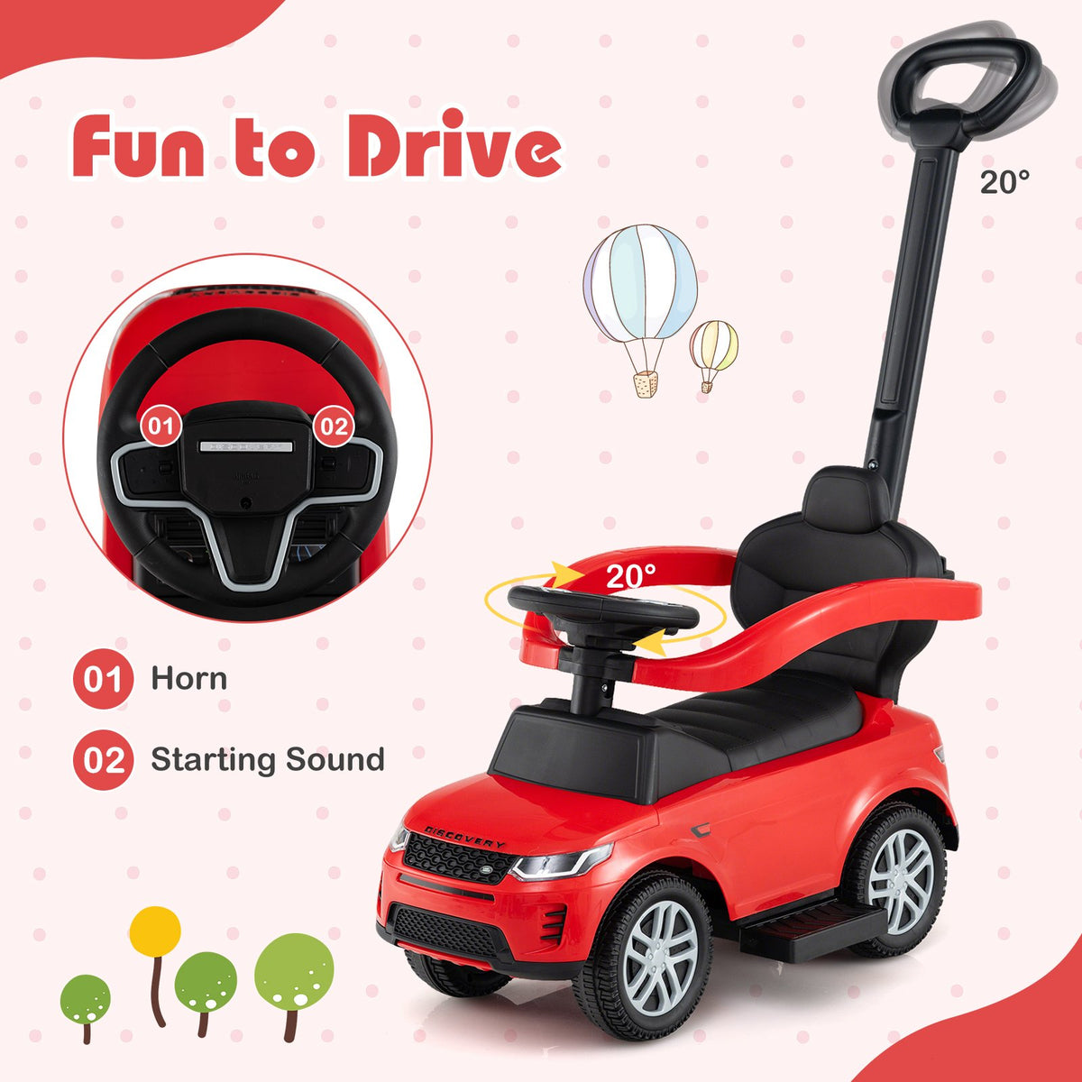 3 in 1 Push Car with Removable Handle and Guardrail for Kids 18-36 Months Old-Red view 8