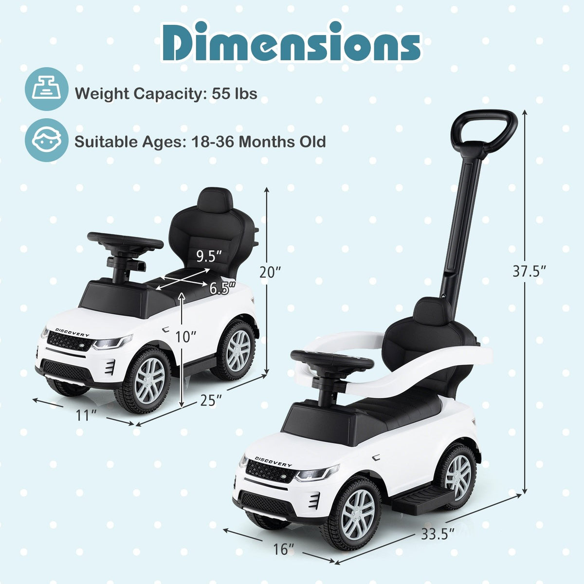 3 in 1 Push Car with Removable Handle and Guardrail for Kids 18-36 Months Old-White view 5