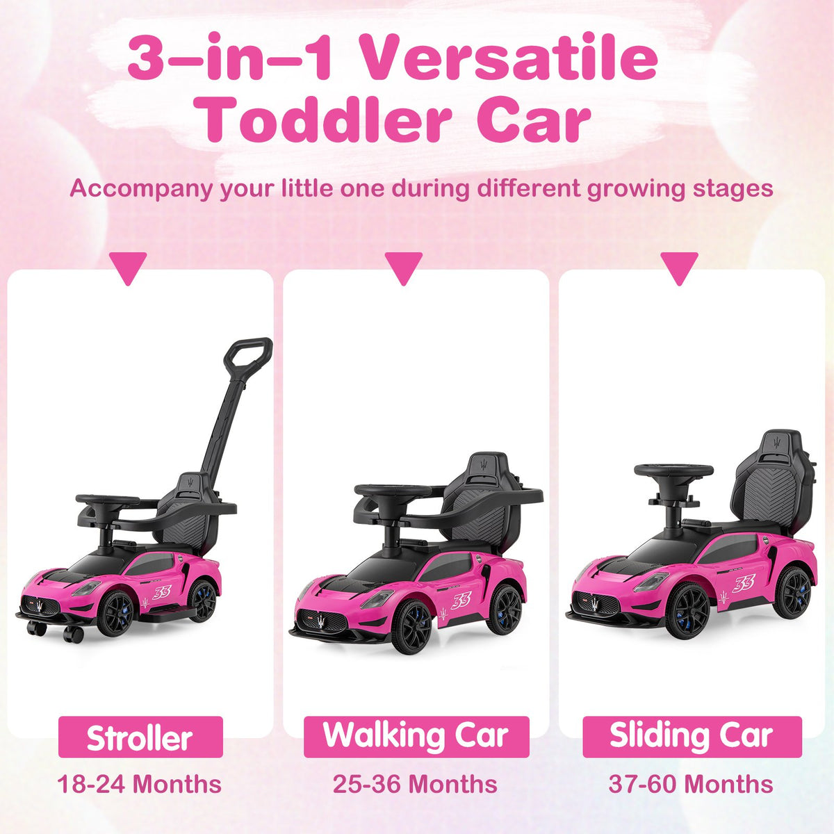 3-in-1 Ride on Push Car Maserati Licensed Sliding Car with Music-Pink view 7