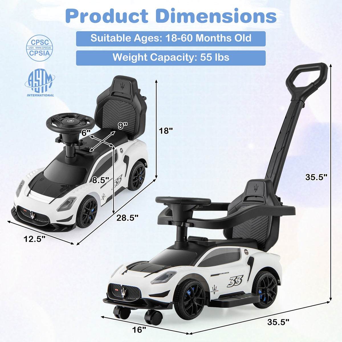 3-in-1 Ride on Push Car Maserati Licensed Sliding Car with Music-White view 5