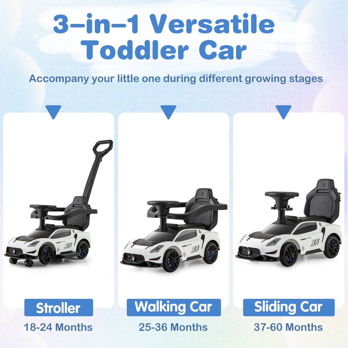 3-in-1 Ride on Push Car Maserati Licensed Sliding Car with Music-White view 7