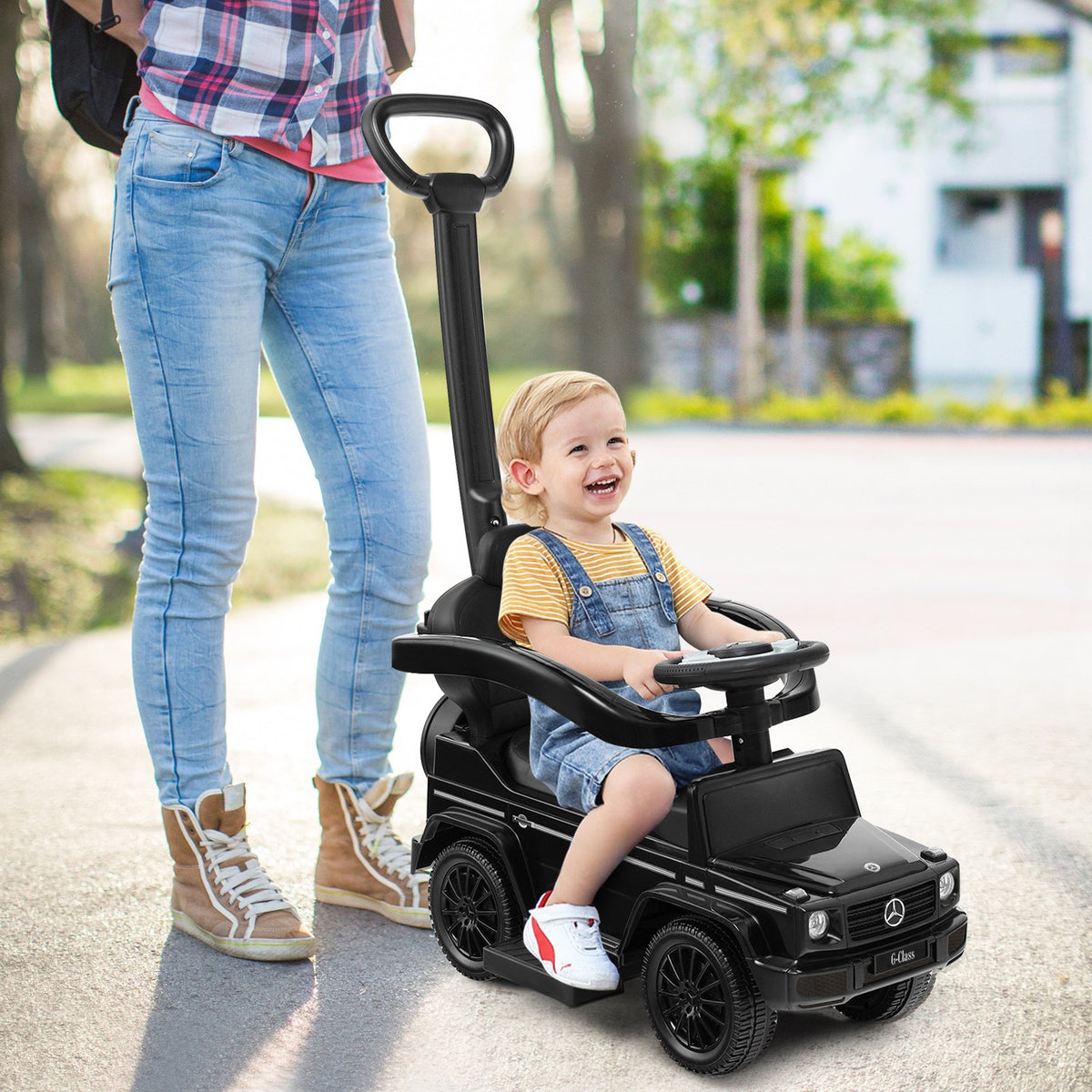 3-In-1 Ride on Push Car Mercedes Benz G350 Stroller Sliding Car with Canopy-Black view 2