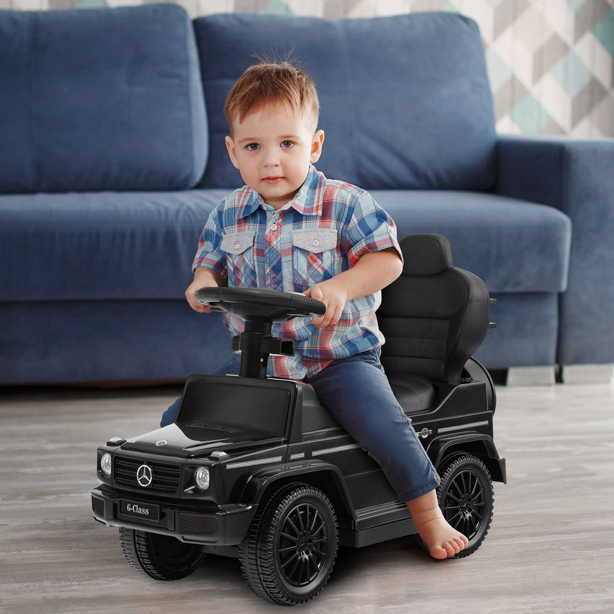 3-In-1 Ride on Push Car Mercedes Benz G350 Stroller Sliding Car with Canopy-Black view 3