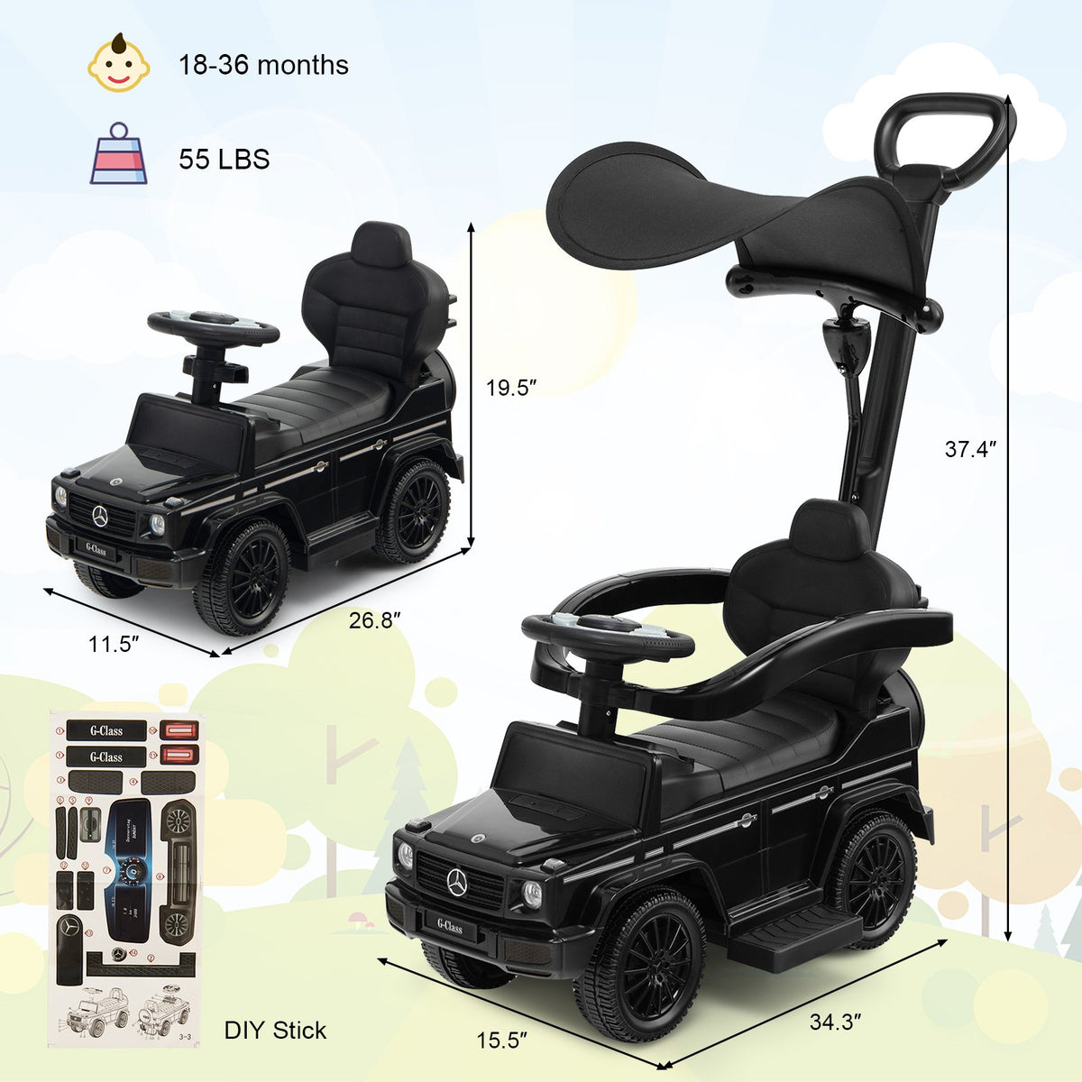 3-In-1 Ride on Push Car Mercedes Benz G350 Stroller Sliding Car with Canopy-Black view 4