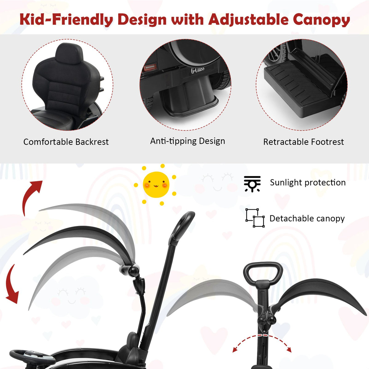 3-In-1 Ride on Push Car Mercedes Benz G350 Stroller Sliding Car with Canopy-Black view 7