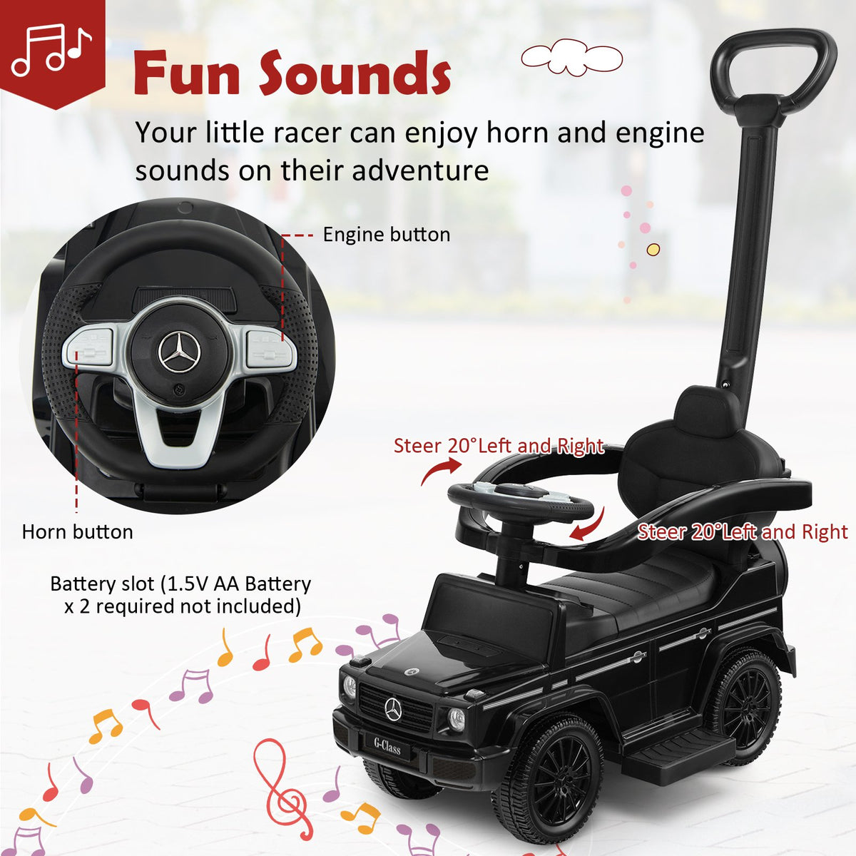3-In-1 Ride on Push Car Mercedes Benz G350 Stroller Sliding Car with Canopy-Black view 8