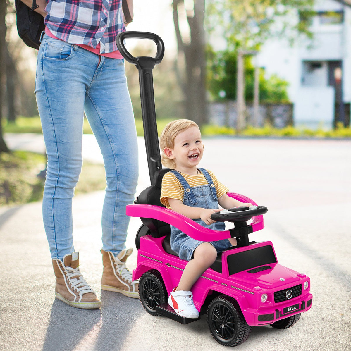 3-In-1 Ride on Push Car Mercedes Benz G350 Stroller Sliding Car with Canopy-Pink view 2