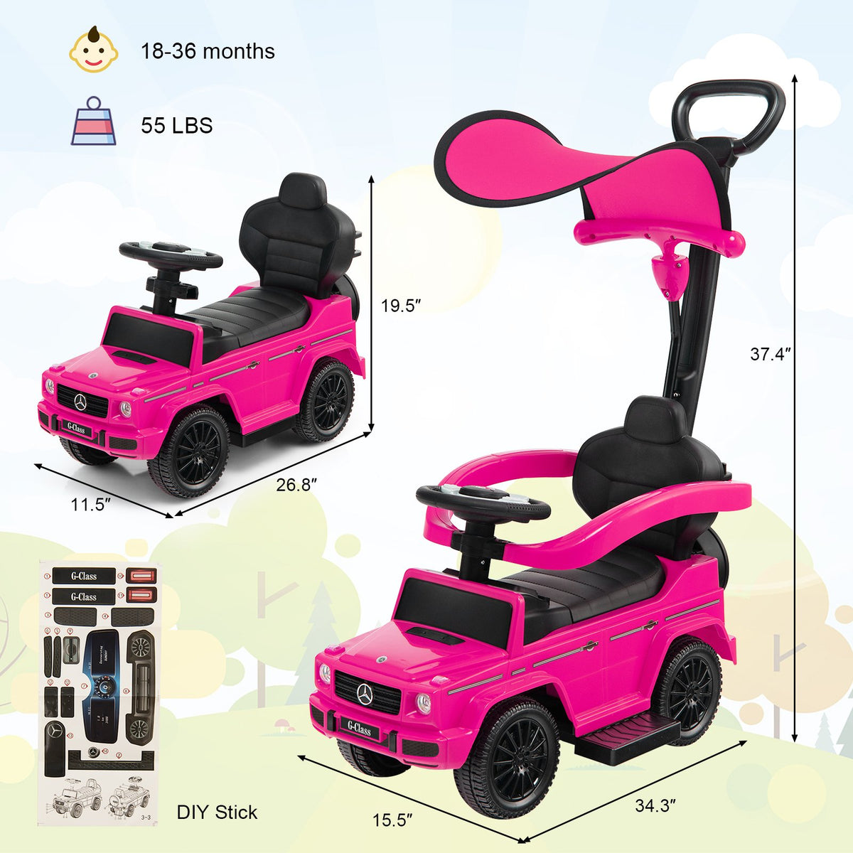 3-In-1 Ride on Push Car Mercedes Benz G350 Stroller Sliding Car with Canopy-Pink view 4