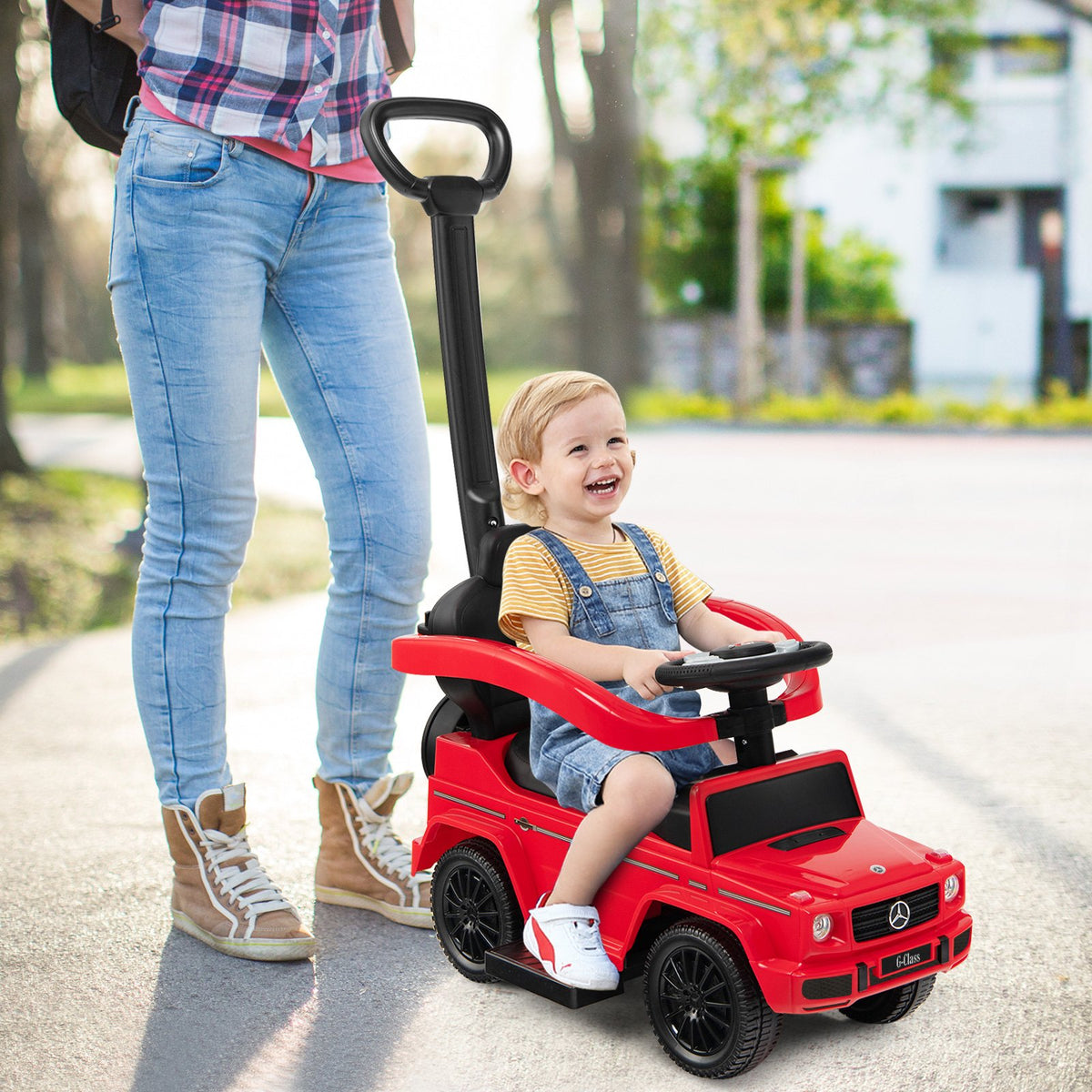 3-In-1 Ride on Push Car Mercedes Benz G350 Stroller Sliding Car with Canopy-Red view 3