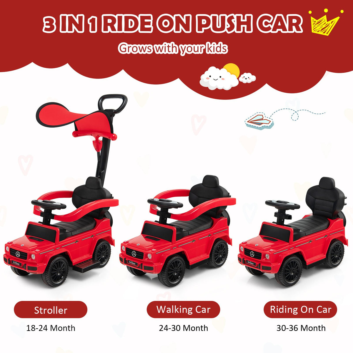 3-In-1 Ride on Push Car Mercedes Benz G350 Stroller Sliding Car with Canopy-Red view 6