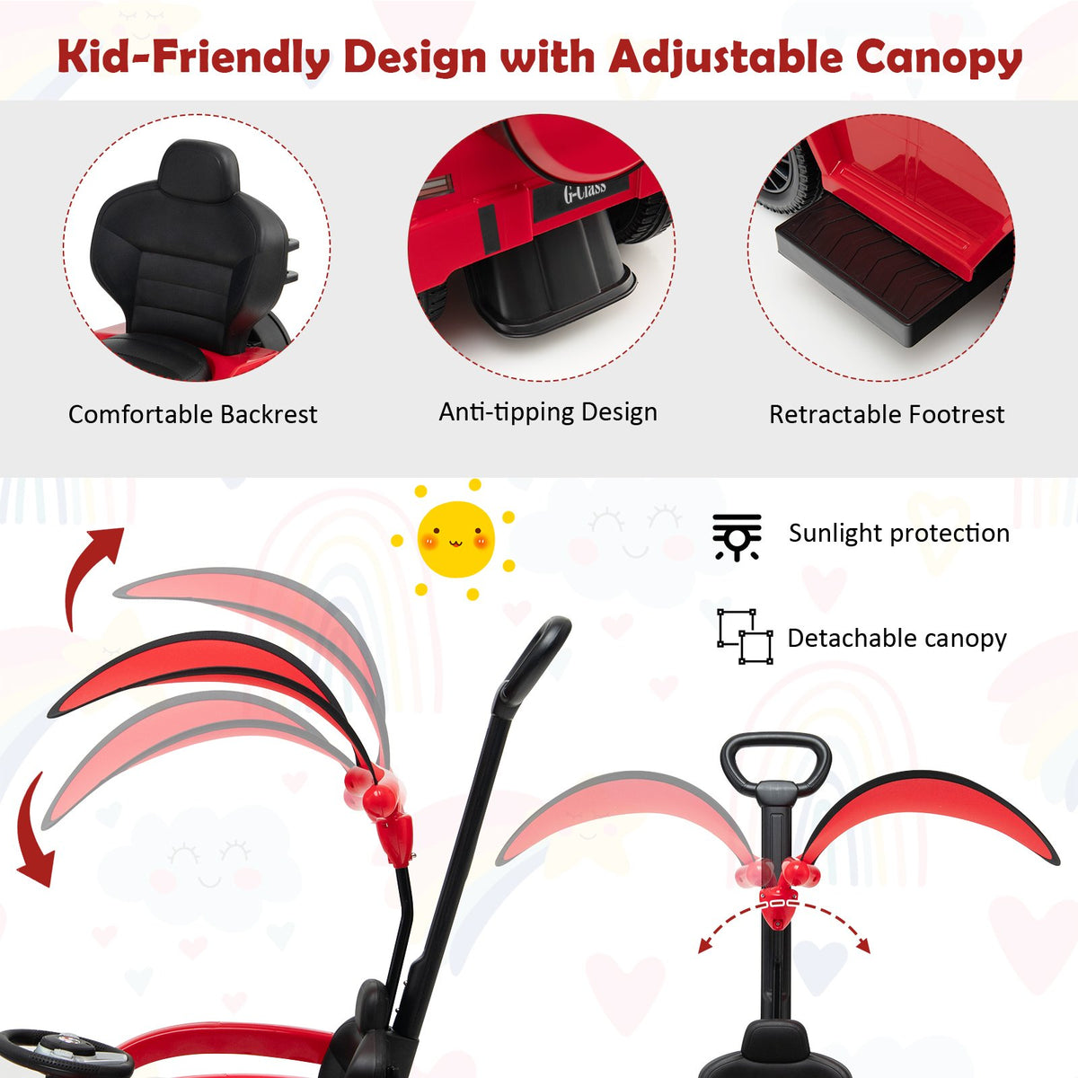 3-In-1 Ride on Push Car Mercedes Benz G350 Stroller Sliding Car with Canopy-Red view 7