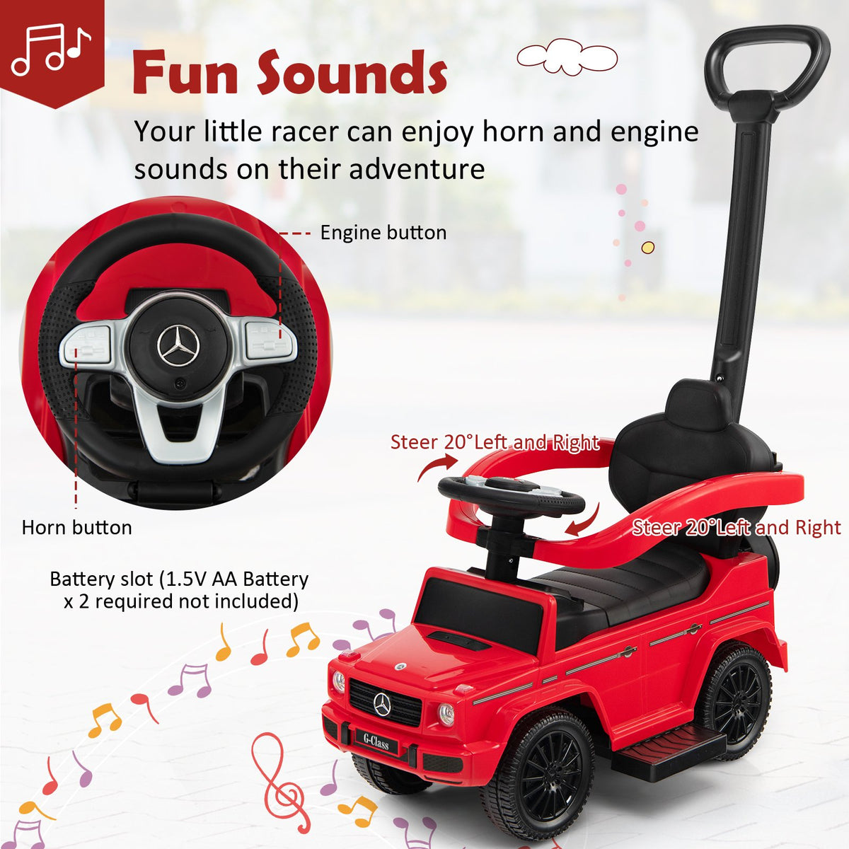 3-In-1 Ride on Push Car Mercedes Benz G350 Stroller Sliding Car with Canopy-Red view 8
