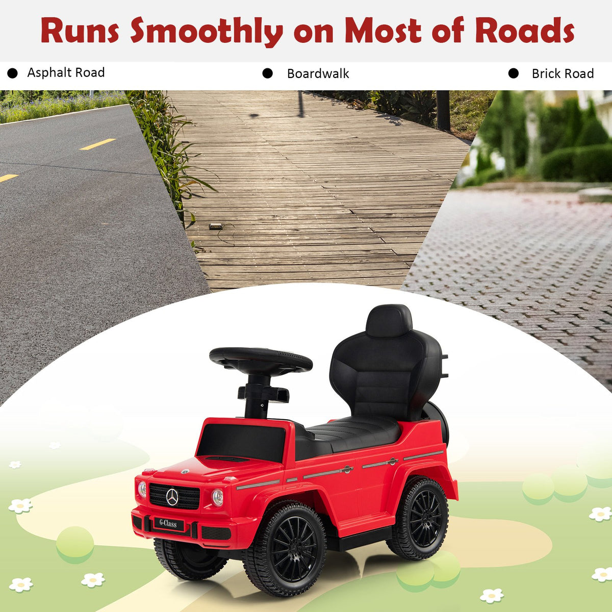 3-In-1 Ride on Push Car Mercedes Benz G350 Stroller Sliding Car with Canopy-Red view 9