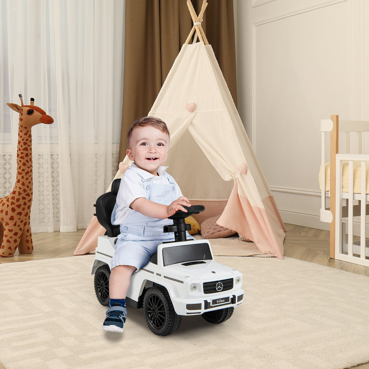 3-In-1 Ride on Push Car Mercedes Benz G350 Stroller Sliding Car with Canopy-White view 3