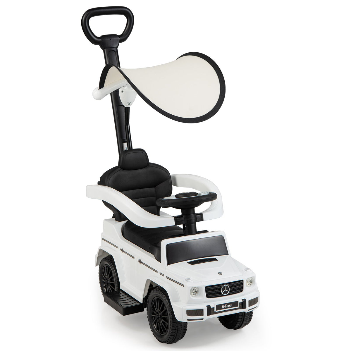 3-In-1 Ride on Push Car Mercedes Benz G350 Stroller Sliding Car with Canopy-White view 4