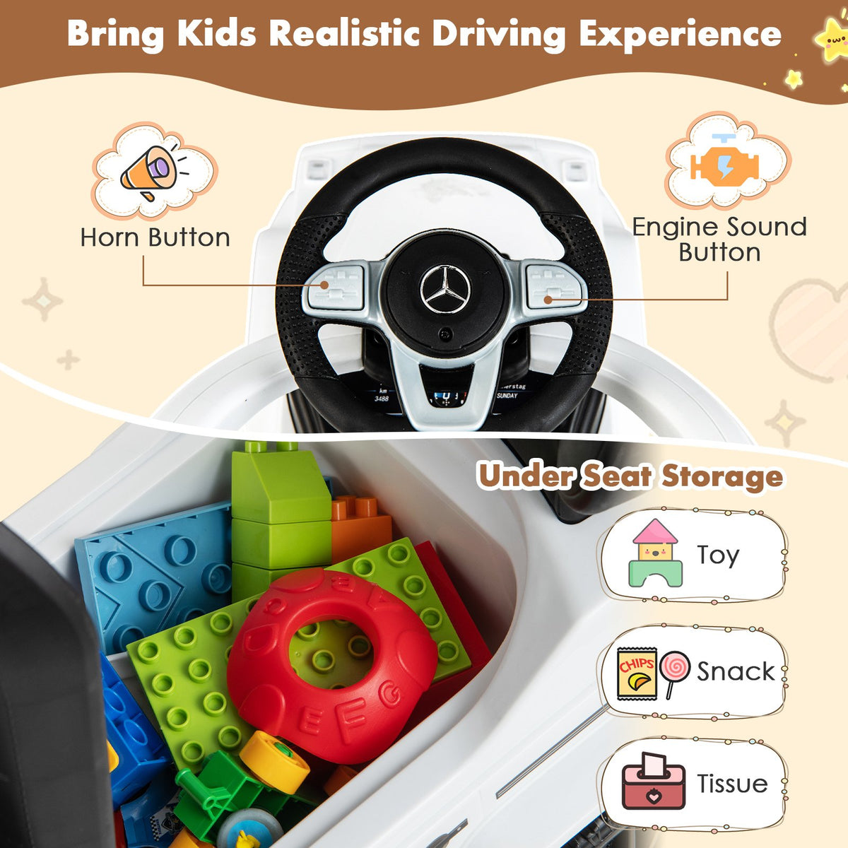 3-In-1 Ride on Push Car Mercedes Benz G350 Stroller Sliding Car with Canopy-White view 7