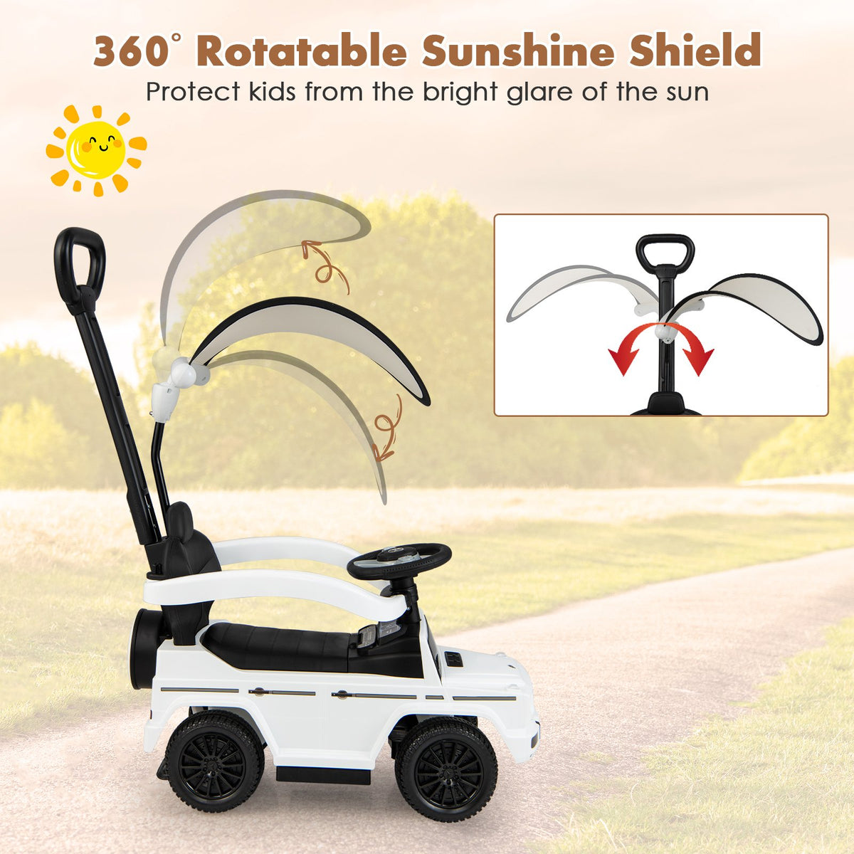3-In-1 Ride on Push Car Mercedes Benz G350 Stroller Sliding Car with Canopy-White view 8