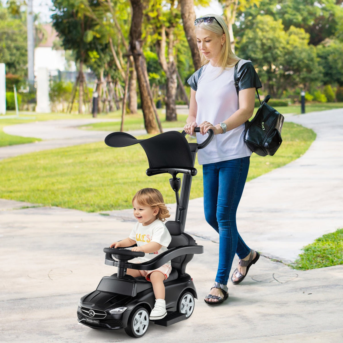 3-in-1 Ride on Push Car Mercedes-Benz Licensed Sliding Car with Canopy-Black view 2
