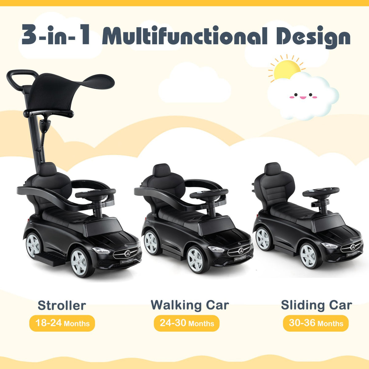 3-in-1 Ride on Push Car Mercedes-Benz Licensed Sliding Car with Canopy-Black view 6