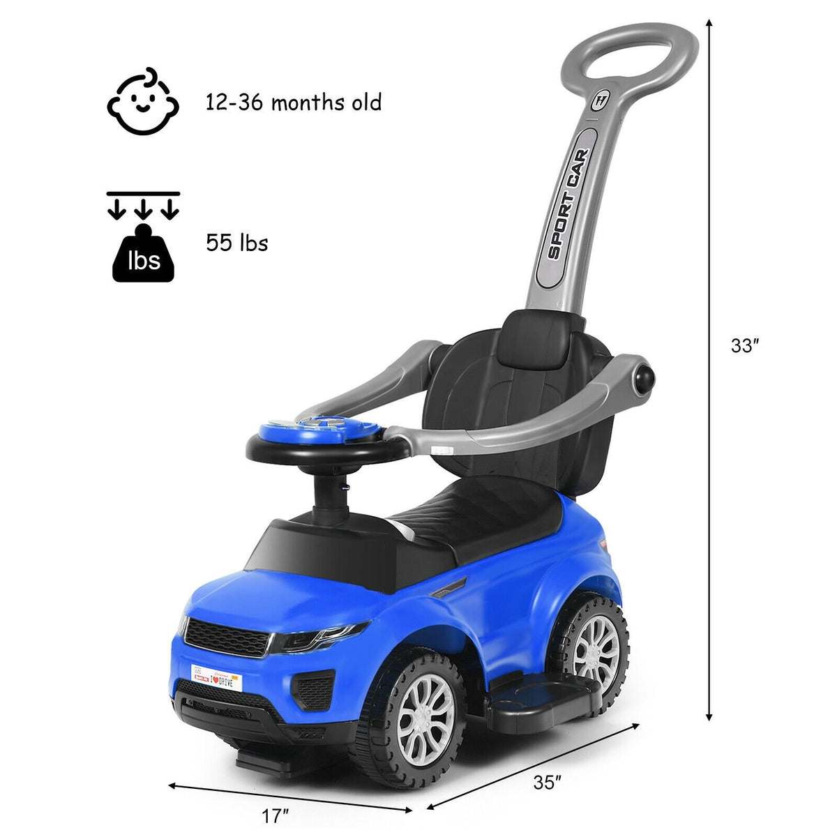 3 In 1 Ride on Push Car Toddler Stroller Sliding Car with Music-Blue view 5