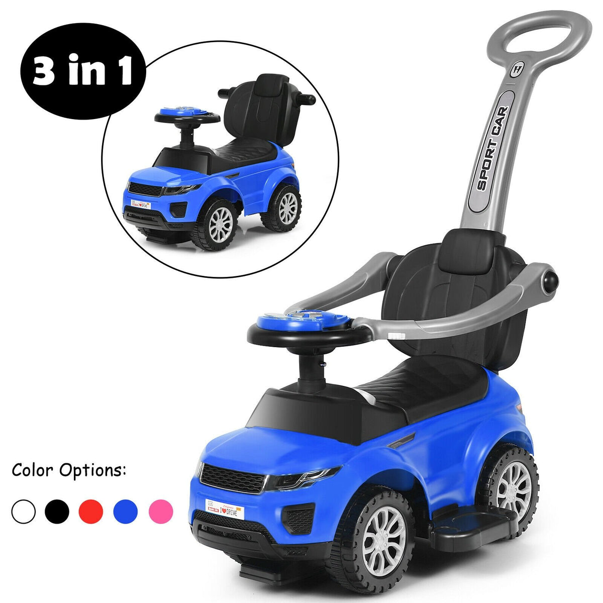 3 In 1 Ride on Push Car Toddler Stroller Sliding Car with Music-Blue view 8
