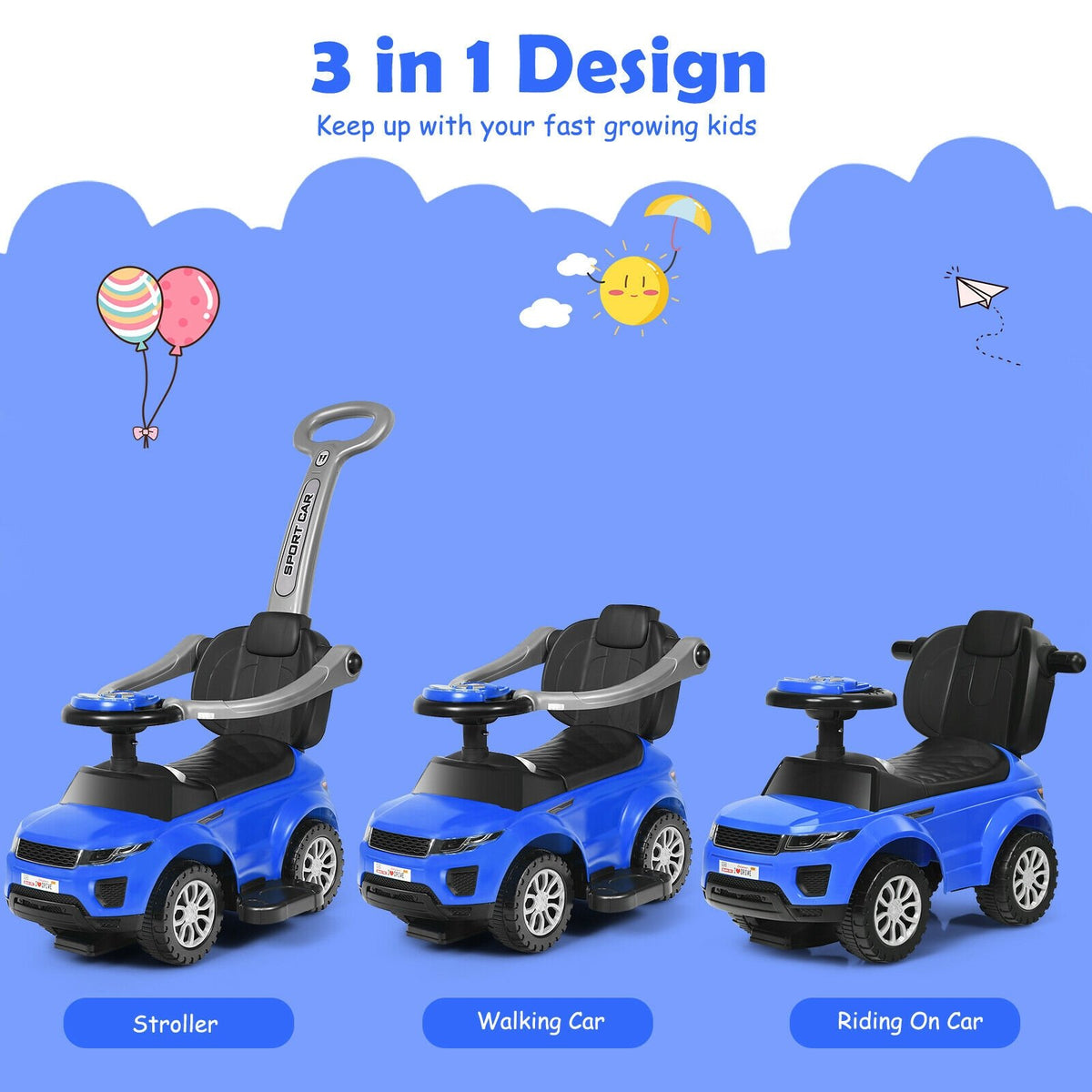 3 In 1 Ride on Push Car Toddler Stroller Sliding Car with Music-Blue view 9