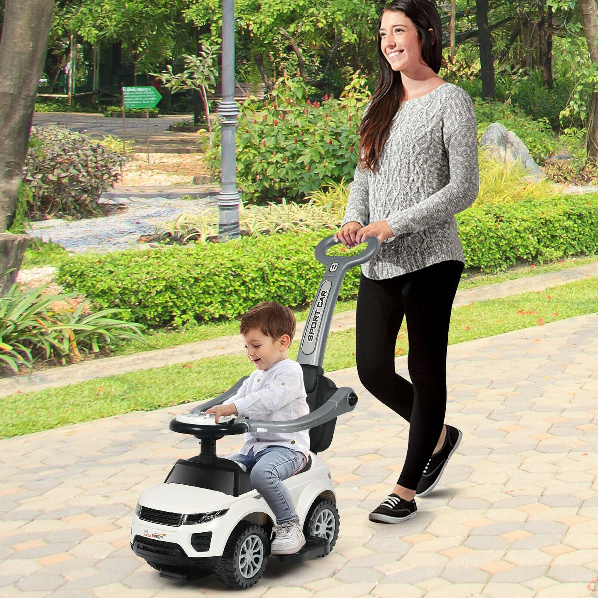 3 In 1 Ride on Push Car Toddler Stroller Sliding Car with Music-White view 2