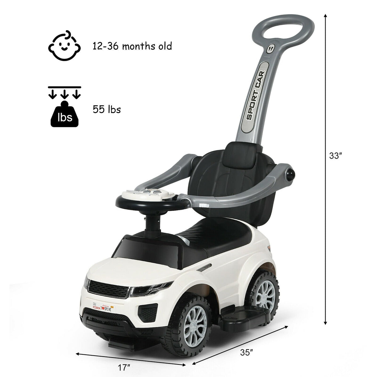 3 In 1 Ride on Push Car Toddler Stroller Sliding Car with Music-White view 5
