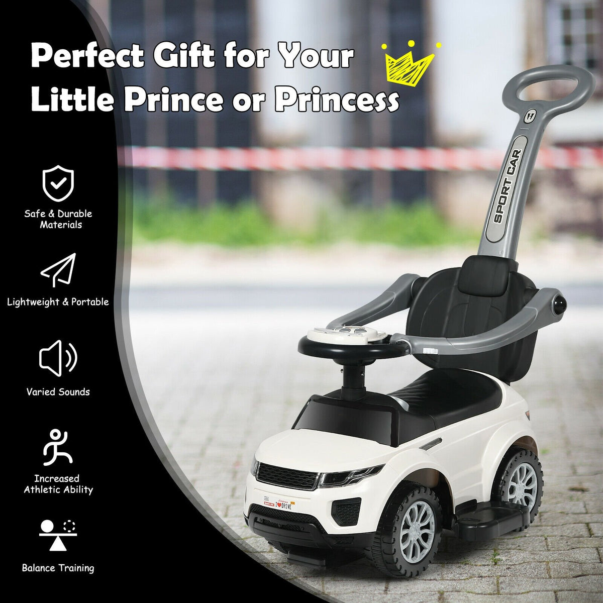 3 In 1 Ride on Push Car Toddler Stroller Sliding Car with Music-White view 6